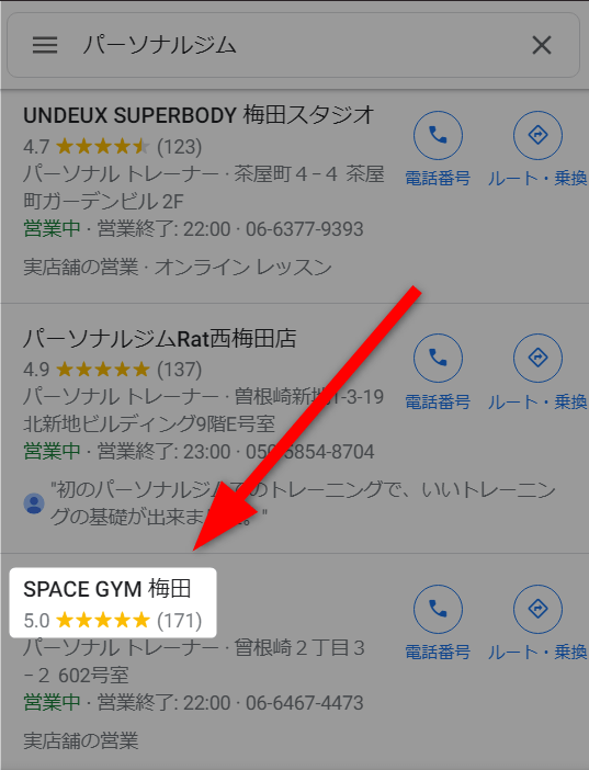 スペースジム梅田店の高評価数